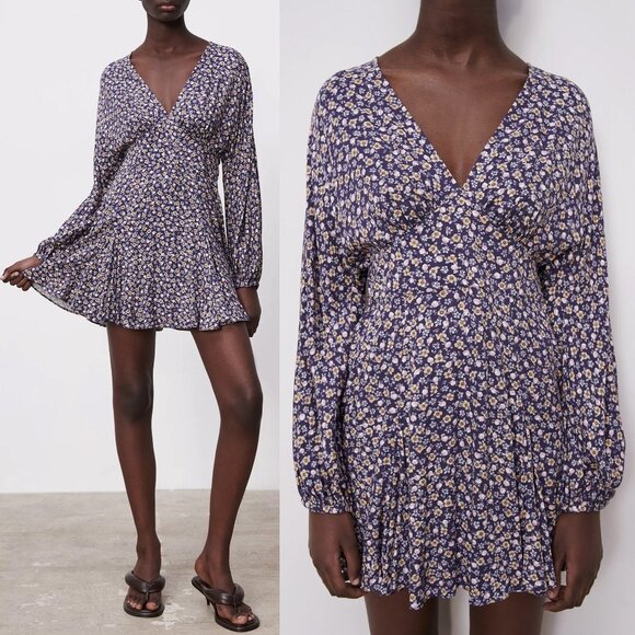 NEW Zara Floral V Neck Printed Purple Mini Dress S - Picture 2 of 11